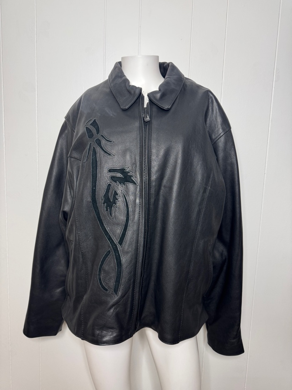 Unik ultra black leather riding jacket women’s 4XL suede floral detailing